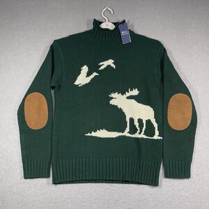 Polo Ralph Lauren Sweater Men Medium Green Moose-Intarsia Plaid Wool Elbow Patch